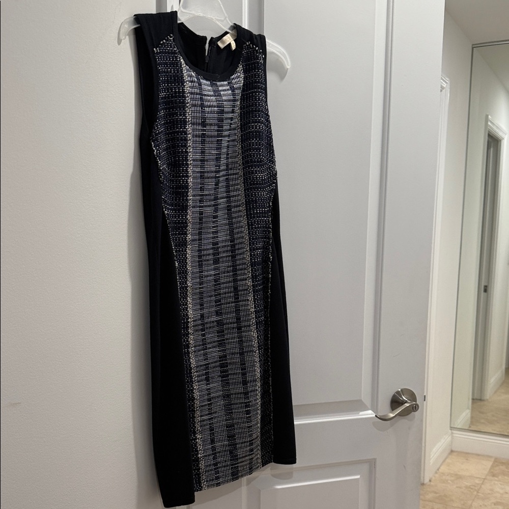Elegant Etcetera  Navy cotton knit with Lt blue silver panel  Sleeveless Dress